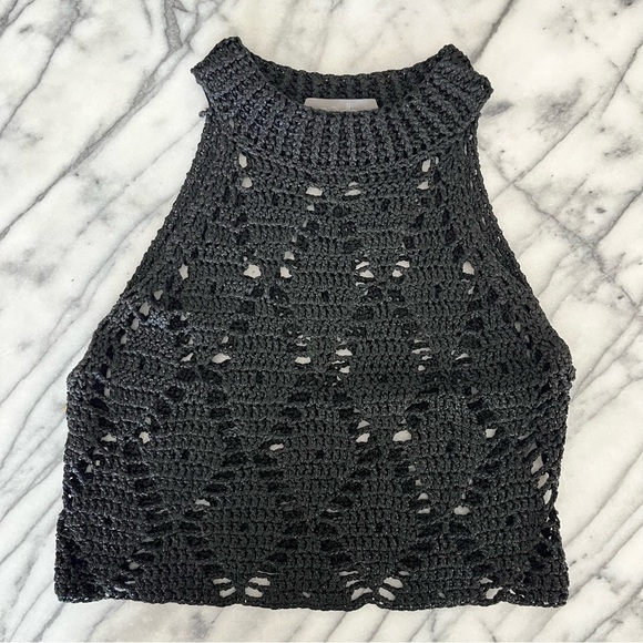 SADH Black Crochet Knit Crop Halter Top Resortwear Handmade - Picture 2 of 5